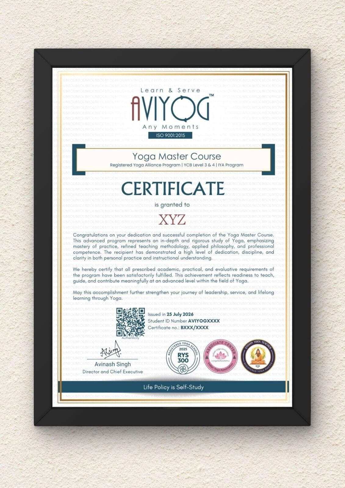 AVIYOG Yoga Master Course Certificate